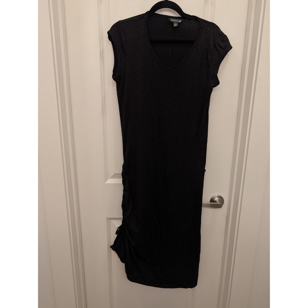 Toad&Co Black V-Neck Cap Sleeve Side Ruched Midi Dress Size Large